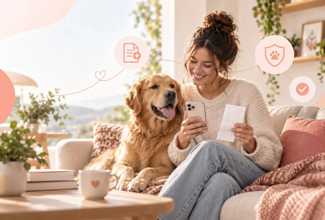 Owner checking a phone beside a dog on a sofa